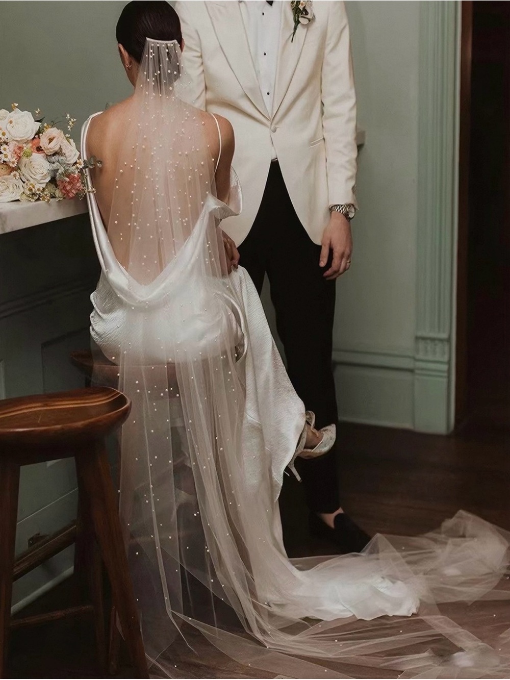 Pearl-Embellished Ivory Bridal Veil